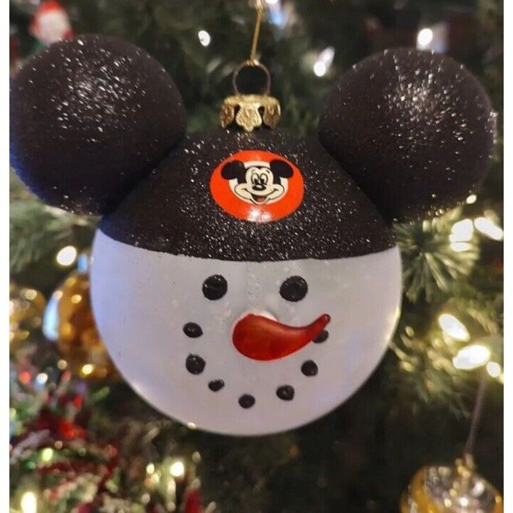 Disney Parks Snowman Mickey Mouse Hat Ears Christmas Holiday Glass Ornament NEW
